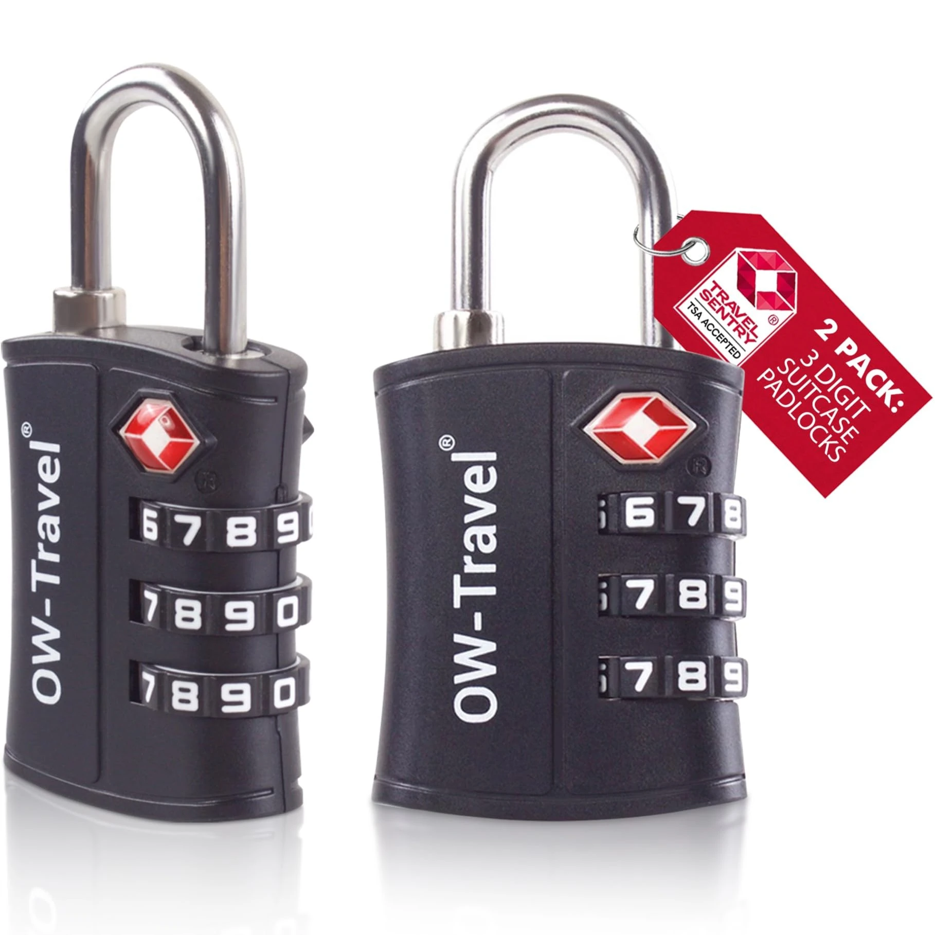 OW-Travel TSA Approved Luggage Locks Suitcase Locks (2 Pack Black) ABS Plastic 3 Digit Security Suitcase Padlock. Travel Bag Combination Luggage Padlocks for Suitcases. TSA Travel Lock for Bags Cases