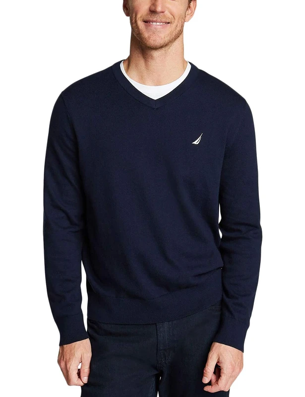 Nautica Men's Classic Fit Soft Lightweight Jersey V-Neck Sweater Pullover, Navy, Large