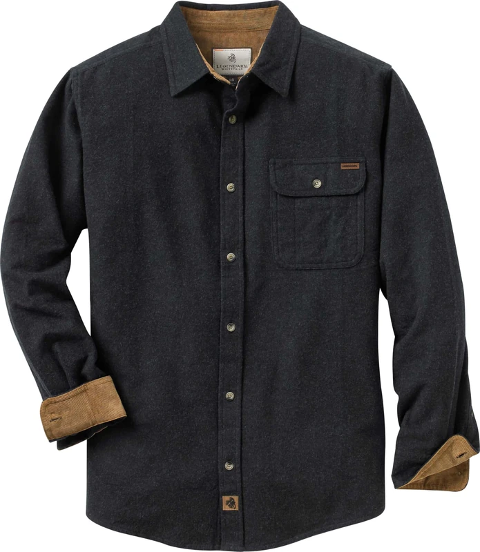 Legendary Whitetails Men's Buck Camp Flannel, Long Sleeve Plaid Button Down Casual Shirt, Corduroy Cuffs, Black Heather, S