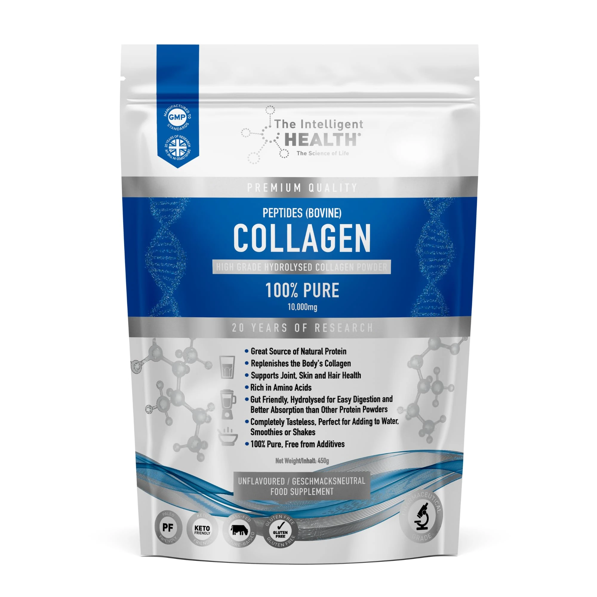 Collagen Powder 450g | Pure Hydrolysed Collagen Peptides Type I & III | 45 Servings, 10g Protein | Grass-Fed Bovine | for Women & Men | Unflavoured, Gluten Free, Keto & Paleo
