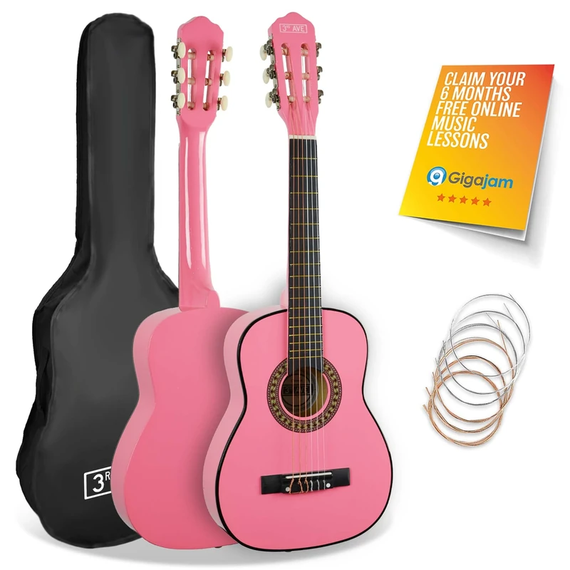 3rd Avenue 1/4 Size Kids Classical Guitar Spanish Nylon String Beginner Pack Bundle - 6 Months FREE Lessons, Bag, Strings – Pink