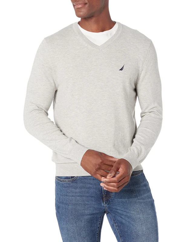 Nautica Men's Classic Fit Soft Lightweight Jersey V-Neck Sweater Pullover, Grey Heather, S