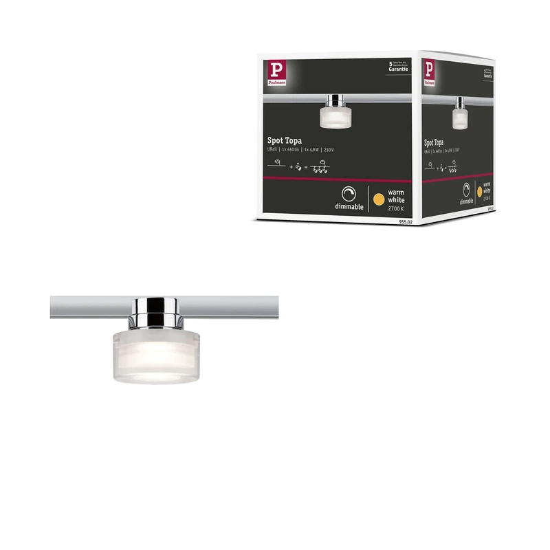 Paulmann 95502 Topa Dot URail LED Individual spot 350lm 4.9W 2700K dimmable 230V Chrome, Clear, Satin Rail System
