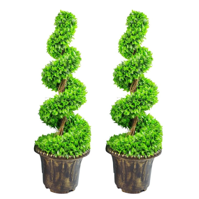 Leaf Large Artificial Spiral Tree with Decorative Planter, 90cm Green Pair