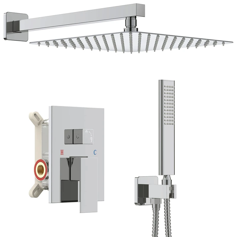 IRIBER Rain Shower System with 10 Inch 2mm Ultra Thin Shower Head and Handheld Combo Set, Shower Faucet Mixer Valve Included Modern Rainfall Shower Sets for Bathroom, Chrome Finish