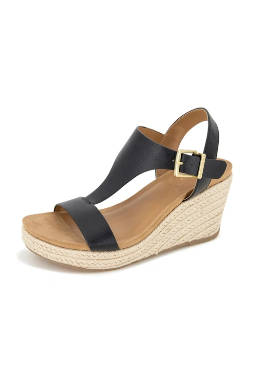 Kenneth Cole REACTION Women's Card T-Strap Wedge Sandals, Black, 6.5 UK