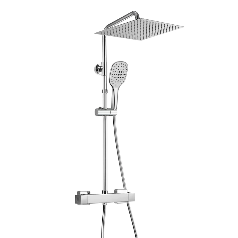 JOHO Thermostatic Valve Anti Scald 38℃ Shower Mixer Set Shower System in SUS 304 Bathroom Shower Bar Bracket Adjustable Height and Rainfall Shower Head Angle Adjustable Chrome 30x30cm.