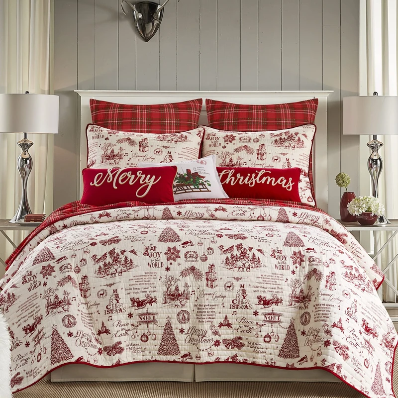 Levtex Home - Yuletide Quilt Set - Full/Queen Quilt (88x92in.) + Two Standard Pillow Shams (26x20in.) - Christmas Holiday Script - Red and Cream - Reversible - Cotton