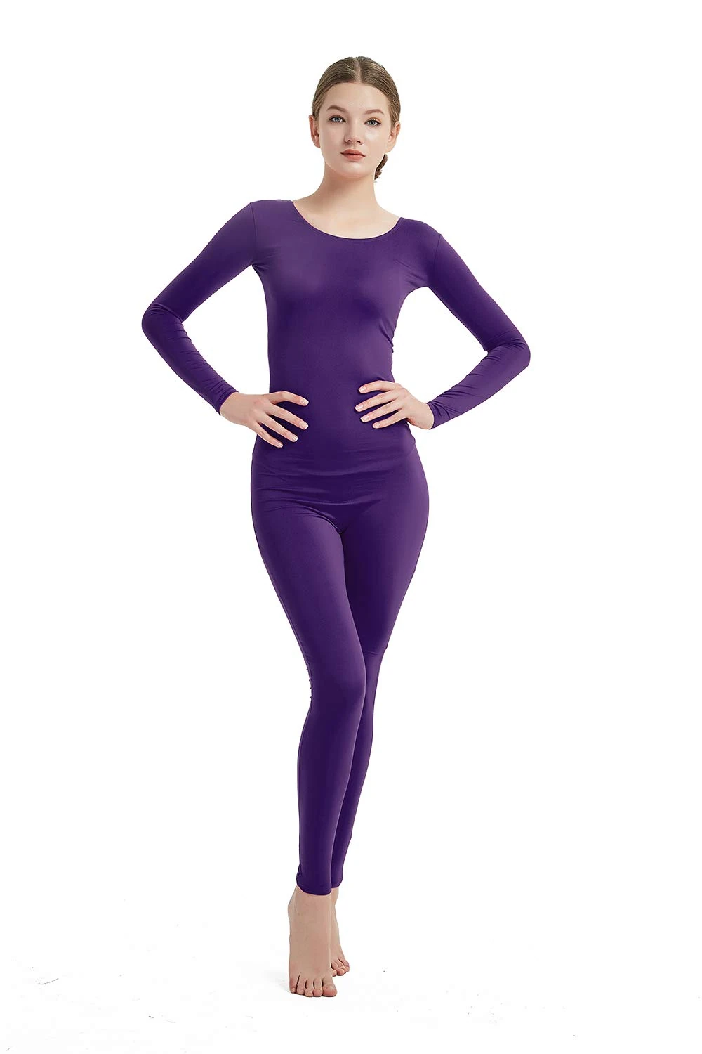 Full Bodysuit Womens Long Sleeve One Piece Jumpsuit Lycra Spandex Zentai Unitard - Purple - XXL