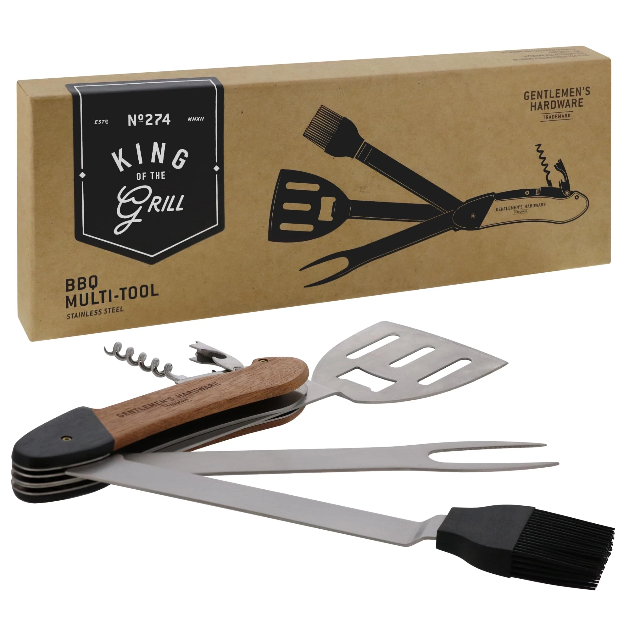 Gentlemen's Hardware BBQ Multi-Tool, Includes: Spatula, Fork, Bottle Opener and Corkscrew - The Ultimate Acacia Wood and Stainless Steel Grilling Companion, GEN274UK, 5-in-1