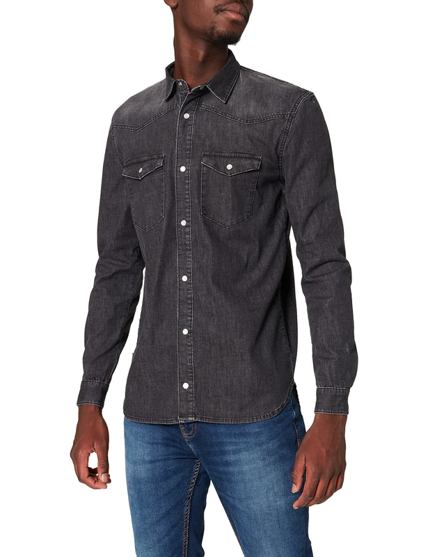 Won Hundred Men's Steffen Washed Casual Shirt, Black (Denim Vintage Black), 15.5 (Size:M) - Image 1