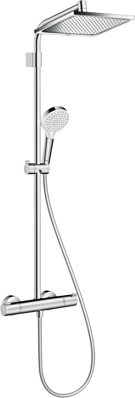 hansgrohe Crometta E - shower system with thermostat, rainfall shower head (240 x 240 mm), hand shower (2 sprays), shower hose, shower rail and head shower square (1 spray), chrome, 26785000