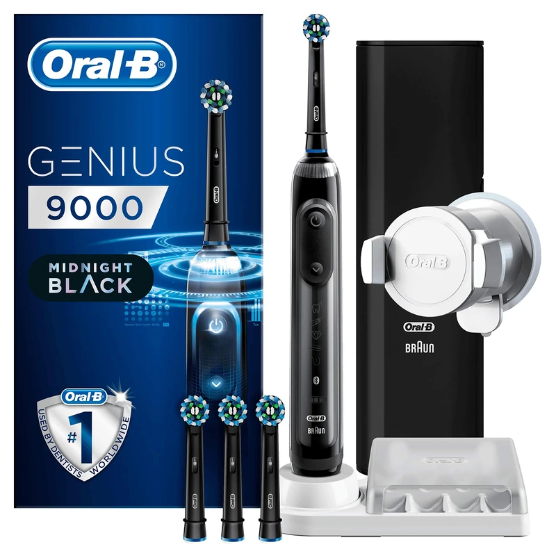Oral-B Genius 9000 CrossAction Electric Toothbrush, 1 Black App Connected Handle, 6 Modes, Pressure Sensor, 4 Brush Heads, USB Travel Case, 2 Pin UK Plug