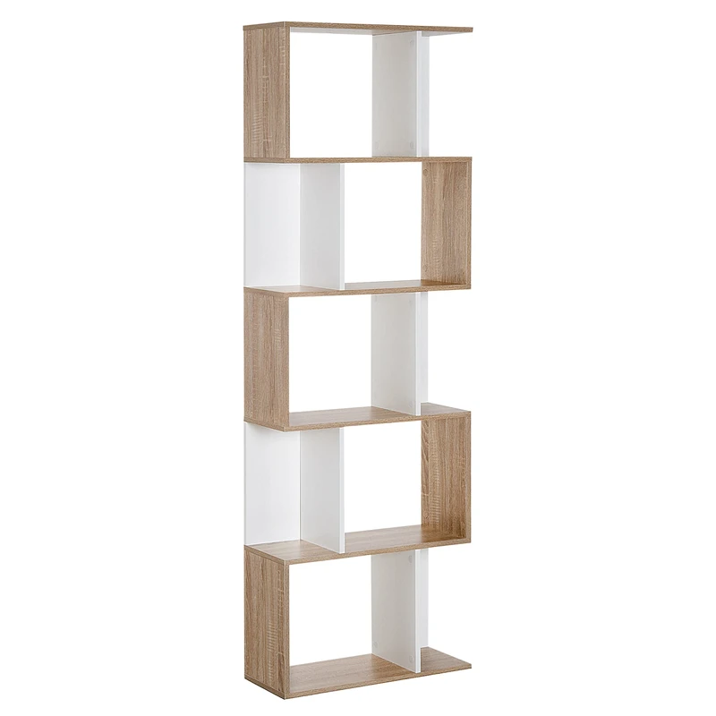 HOMCOM Bookcase, S-Shaped Wooden Bookshelf, 5/6 Tiers Freestanding Storage Shelf, Home Office Decorative Display Stand Rack, Oak and White, 24D x 60W x 184.5H