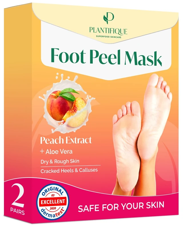 Plantifique Foot Peel Mask – 2 Pairs Exfoliating & Dermatologically Tested Foot Treatment, Removes Dead Skin & Repairs Heels for Soft Feet – Peach Scent, Gift for Women & Men