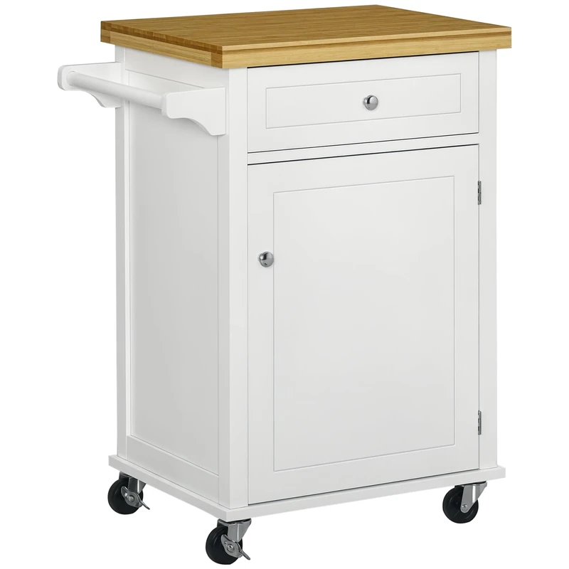 HOMCOM Kitchen Cart Storage Trolley Wooden Cabinet with Drawer Cupboard Towel Rail White