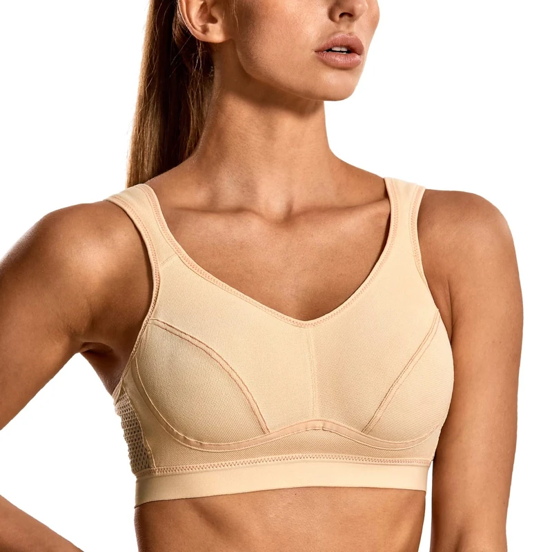 SYROKAN Women's High Impact Support Bounce Control Plus Size Workout Sports Bra Beige 34E