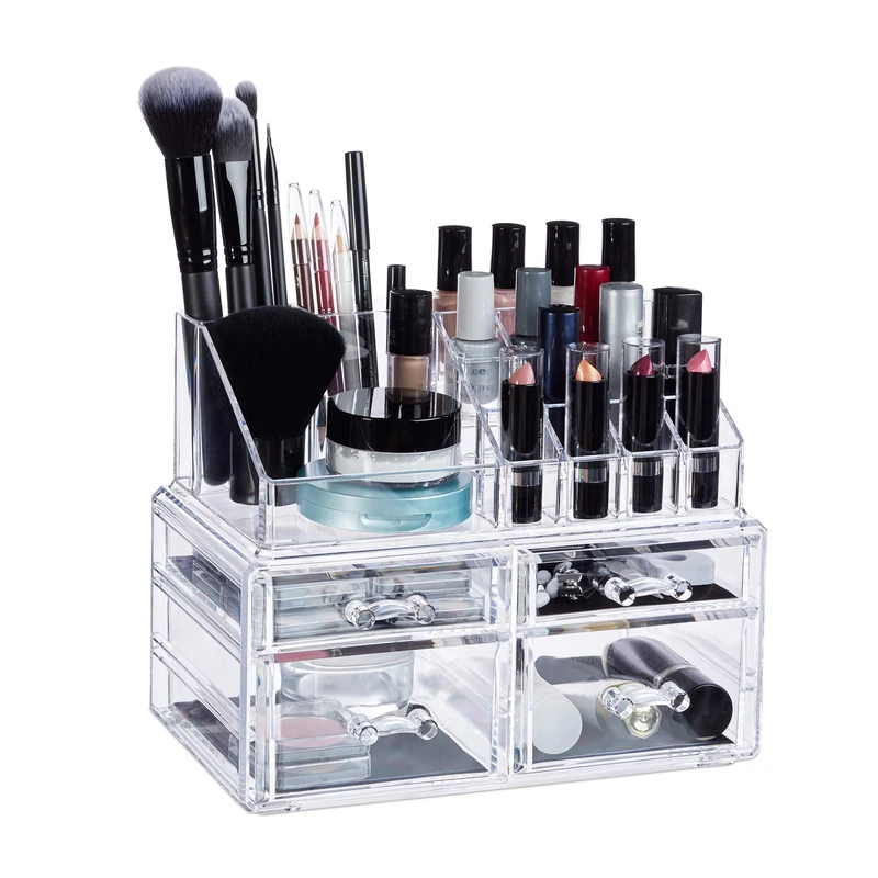 Relaxdays Cosmetic Organiser with 4 Drawers, Makeup Kit for Lipstick, Nail Polish, Acrylic Jewellery Stand, Transparent