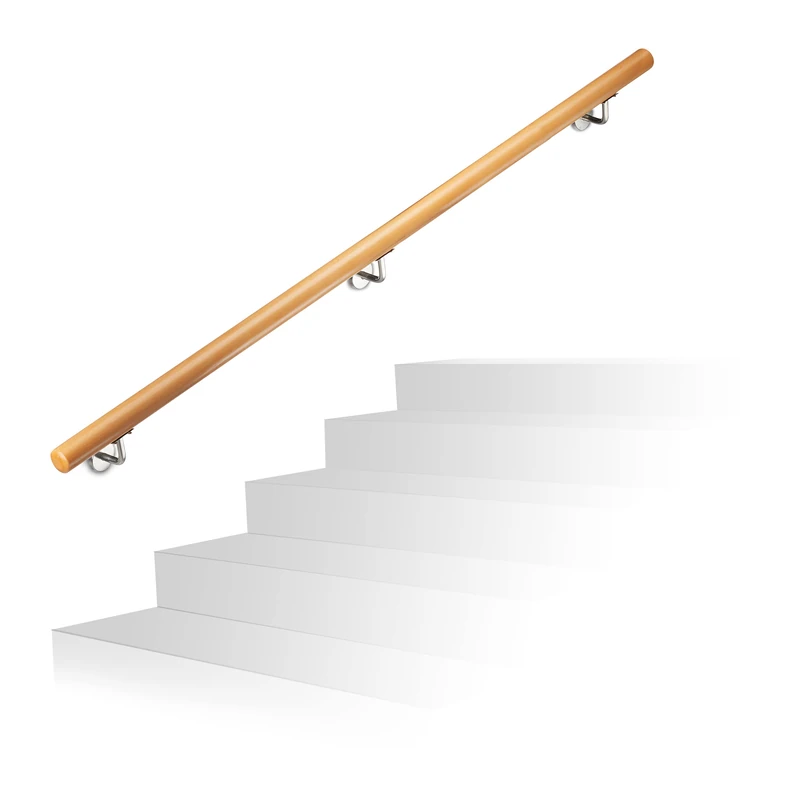 Relaxdays Wooden Handrail, Beech, 1500 mm/150 cm/1.5 m, Wall-Mount, With Plugs, Rustic 42 mm Diameter, Natural Banister