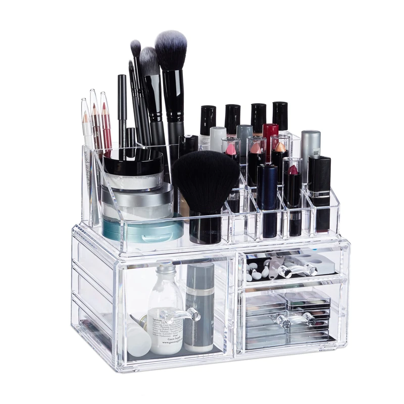 Relaxdays Cosmetic Organiser with 3 Drawers, Makeup Kit for Lipstick, Nail Polish, Acrylic Jewellery Stand, Transparent