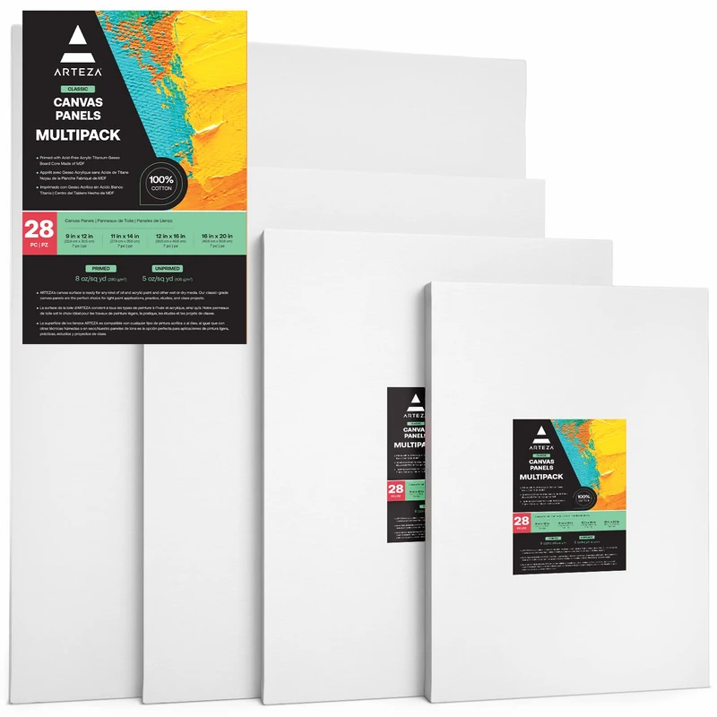 ARTEZA Painting Canvas Panels Multi Pack, 9X12, 11X14, 12X16, 16X20 Set of 28, Primed White, Cotton with Recycled Board Core, for Acrylic, Oil, Other Wet Or Dry Art Media, for Artists
