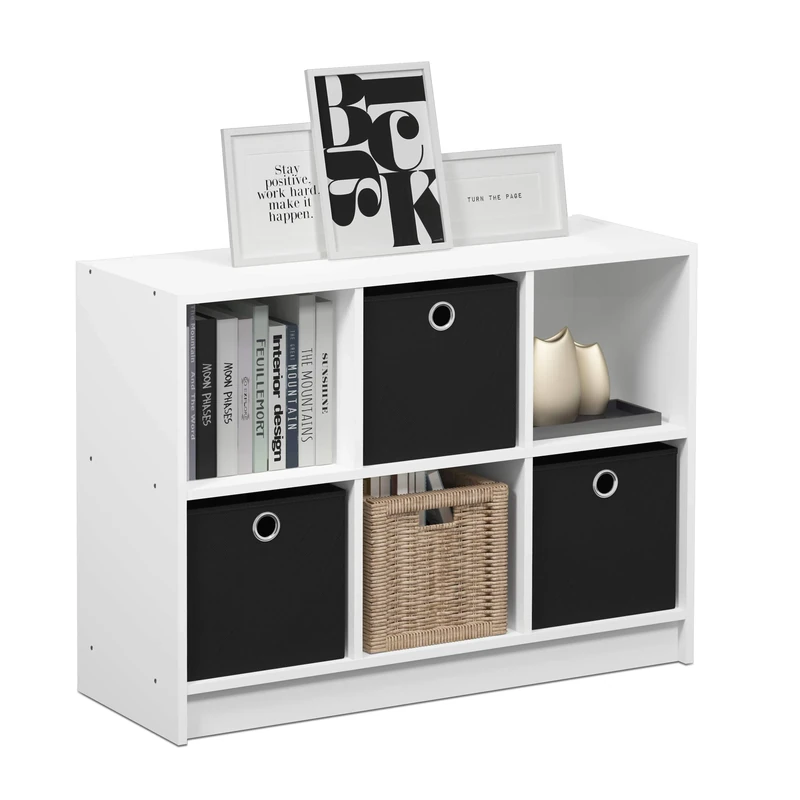 Furinno BASIC Book Shelf, 6-Cube Bookshelf, 3 x 2 Bookcase with Storage Bins, 11.9 x 31.6 x 23.6, for Living Room, Bedroom, Home Office, White/Black