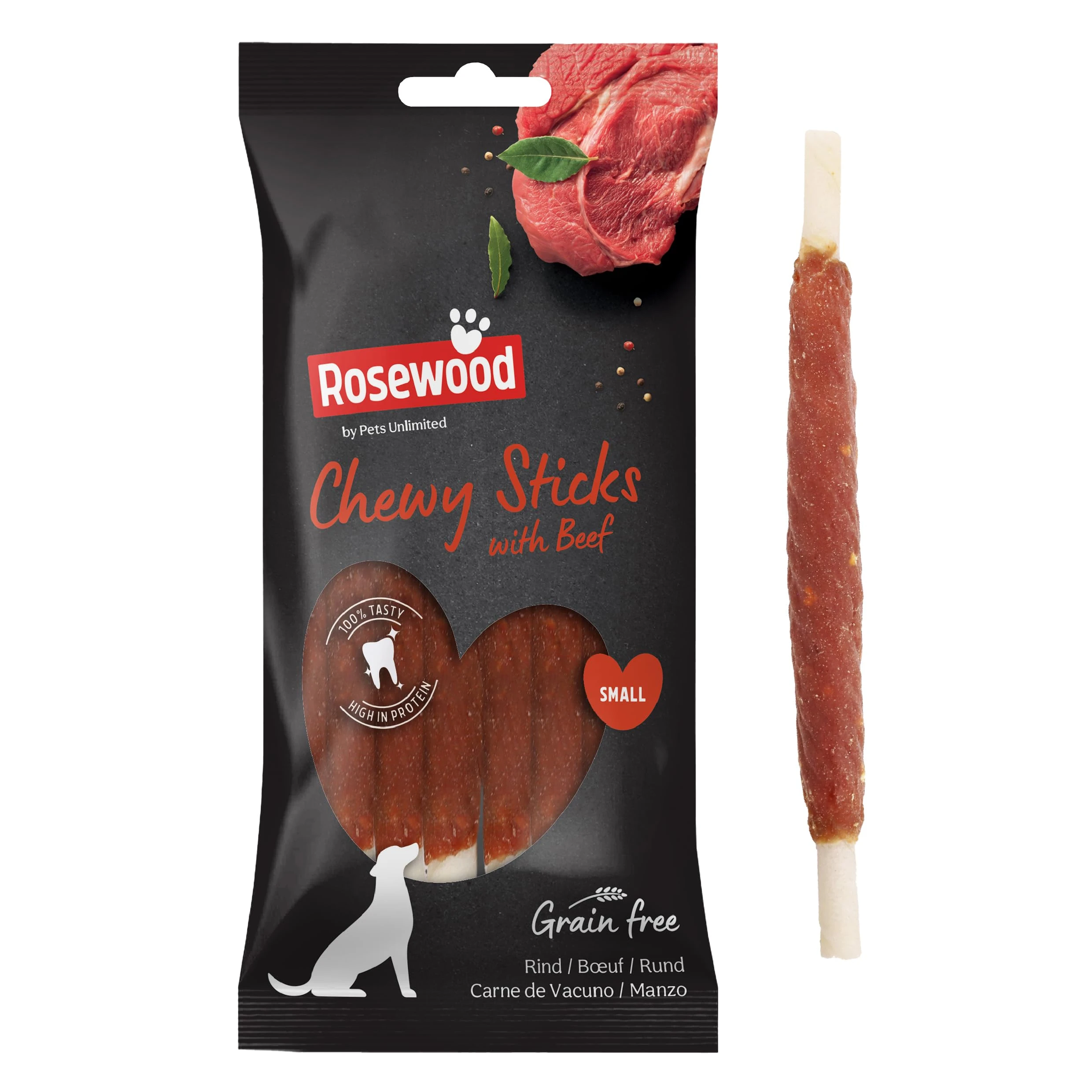 Rosewood Small Chewy Sticks for Dogs - Made with Beef, Grain Free Chews, High Protein Dog Treats, By Pets Unlimited (8pc, 72g)
