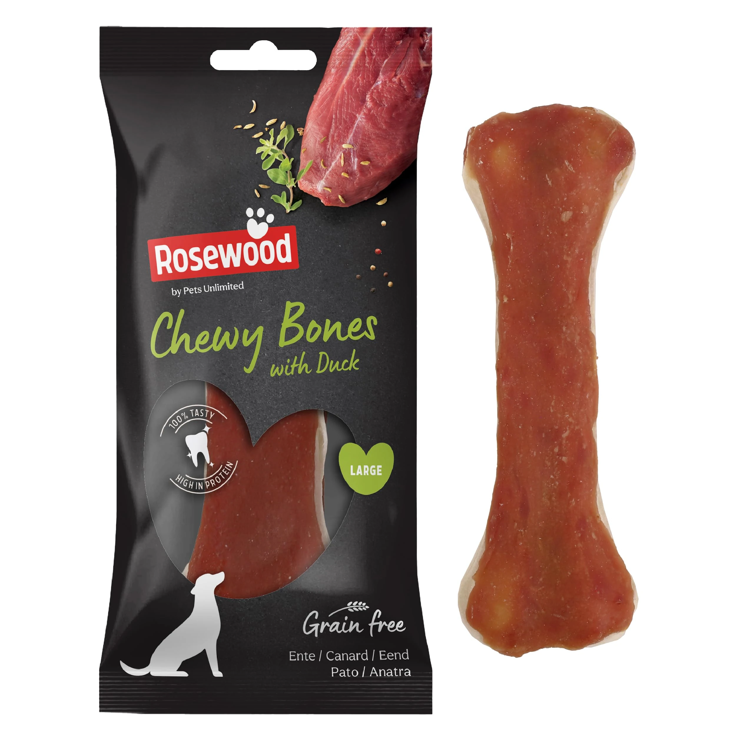 Rosewood Large Chewy Bones for Dogs - Made with Duck, Grain Free Chews, High Protein Dog Treats, By Pets Unlimited (1pc, 90g)