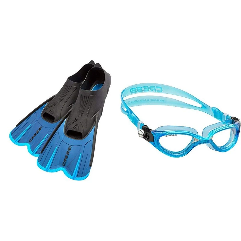 Cressi Agua - Self Adjusting Long and Short Fins for Diving, Apnea, Snorkeling and Swimming for Adults and Children, Blue, 33/34 with Flash - Adult Premium Swimming Goggles - 100 Percent Anti UV