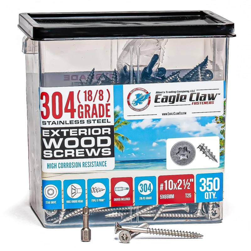 #10 X 2 1/2 Inch Stainless Steel Deck Screws T25 Star Torx Drive Qty 350-4.2 Pounds Stainless Wood Screws for Decks, Docks, Fencing or General Outoor Construction and Home Improvement Projects