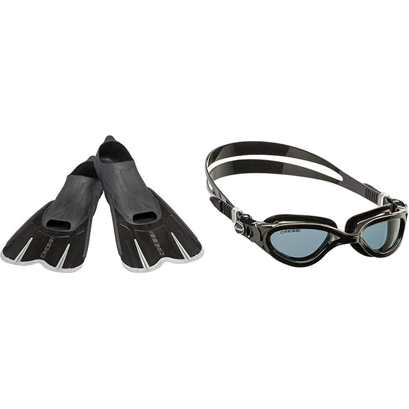 Cressi Agua - Self Adjusting Long and Short Fins for Diving, Apnea, Snorkeling and Swimming for Adults and Children, Black/Silver, 35/36 with Adult Flash Swimming Goggles - Black/Grey - Smoked Lens