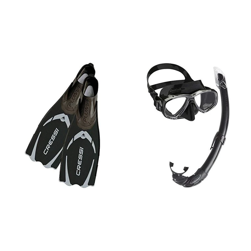 Cressi Adult Pluma Fins - Dark, 8.5/9.5 with Men's Combo Perla Mare Scuba Diving and Snorkeling Mask-Black, Clear/Black, One Size
