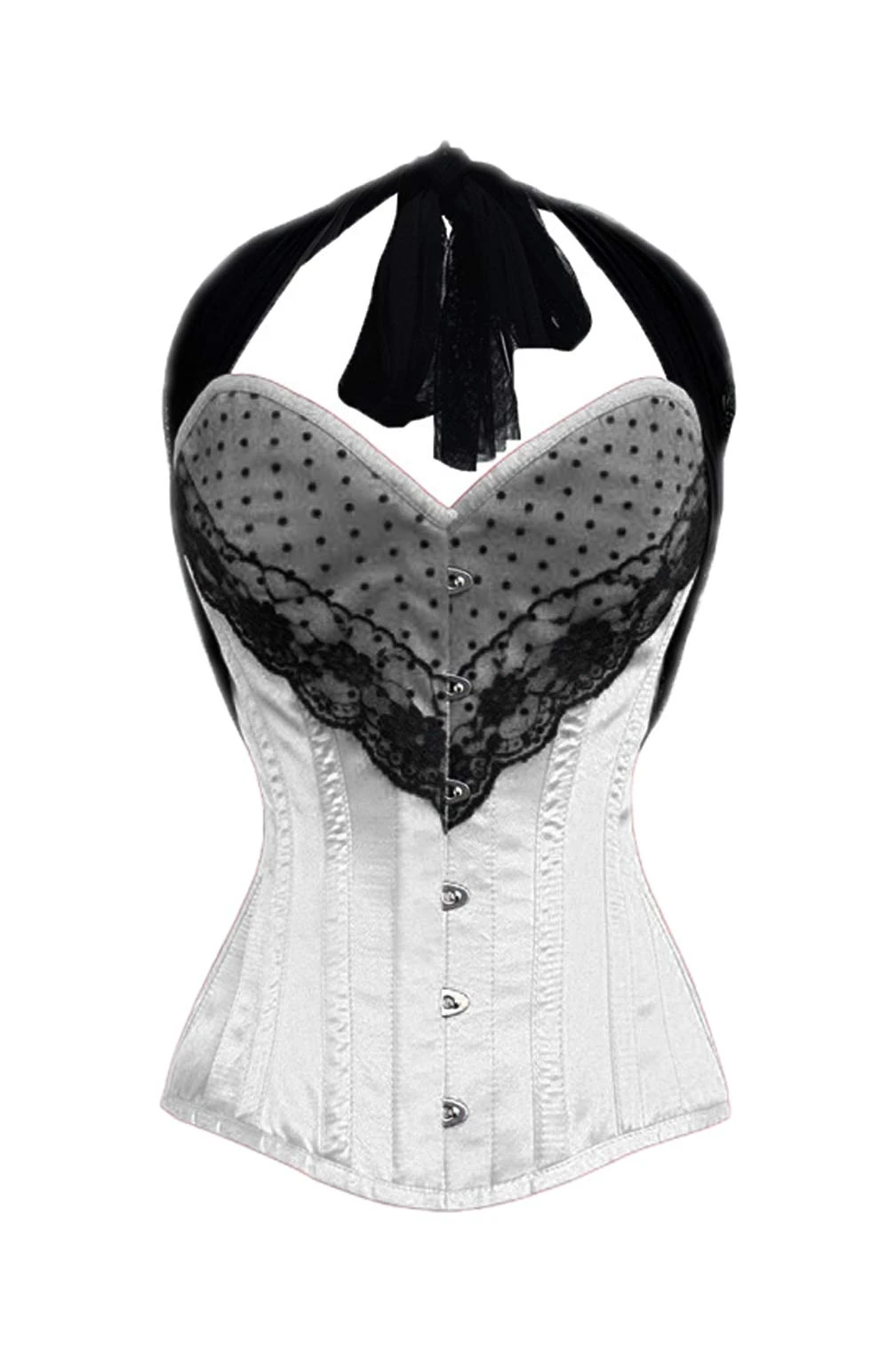 White Satin Black Net Halter Neck Costume Waist Cincher Long Overbust Corset Top