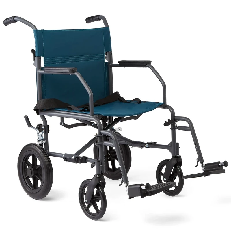 Medline Transport Wheelchair with Lightweight Steel Frame, Folding Chair is Portable, Large 12 inch Back Wheels, 19 inch Wide Seat, Teal