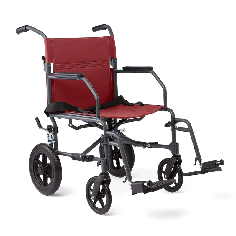 Medline Transport Wheelchair with Lightweight Steel Frame, Microban Protection, Folding Chair is Portable, Large 12 inch Back Wheels, 19 inch Wide Seat, Red