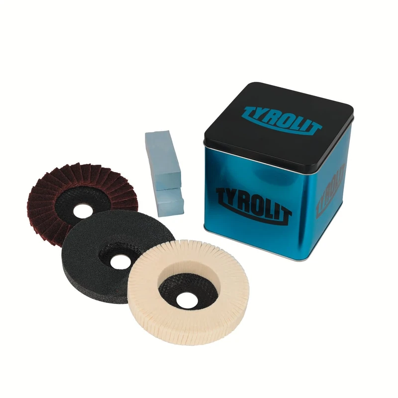 TYROLIT PREMIUM Metal Polishing Kit for Steel, Stainless Steel & Aluminium - Conditioning, Pre-Polish & Polishing Wheels for Angle Grinder, 115 mm