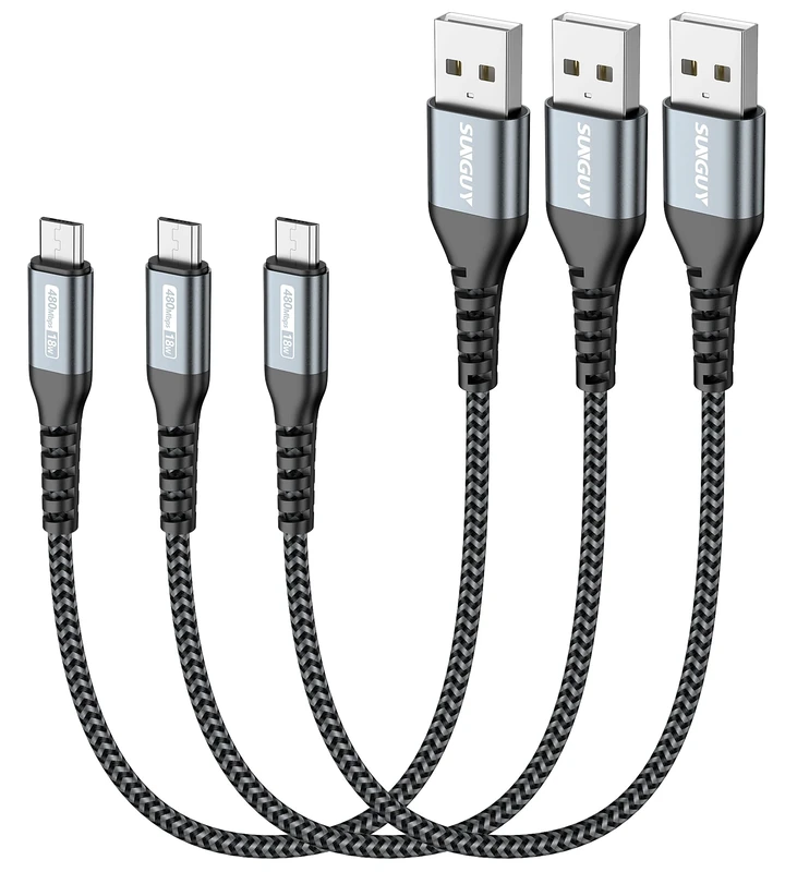 SUNGUY 3-Pack 0.3M Nylon Braided Micro USB Cable - 2.4A Fast Charge