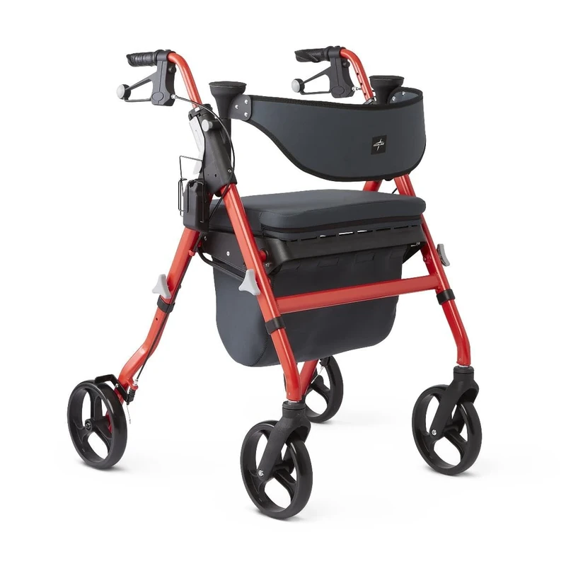 Medline Premium Empower Rollator Walker with Seat, Comfort Handles and Thick Backrest, Folding Walker for Seniors, 8" Wheels, Red Frame