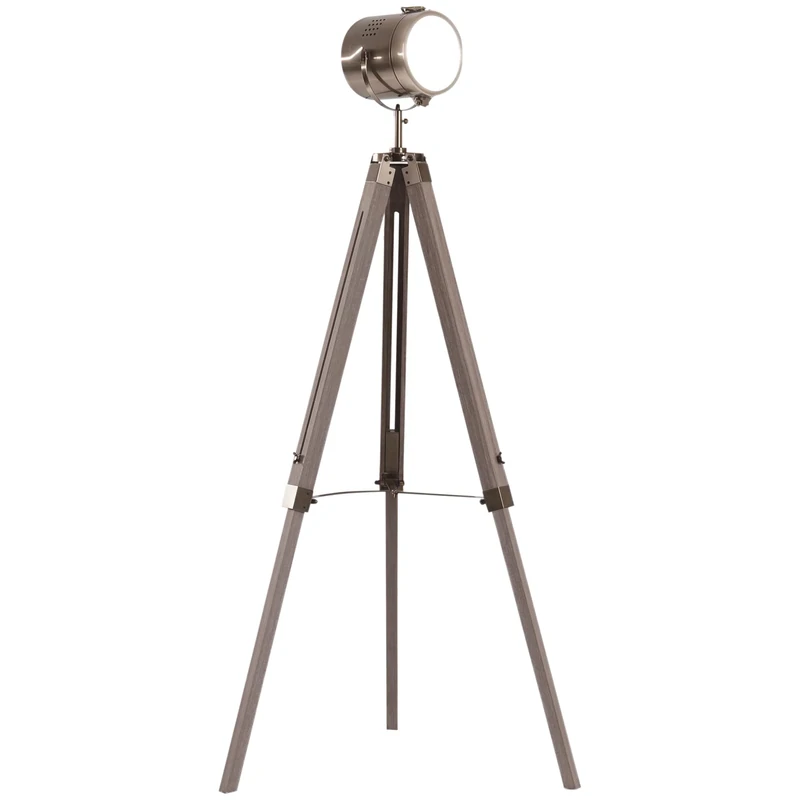 HOMCOM Industrial Tripod Floor Lamp, Nautical Searchlight with Adjustable Height, Wood Legs, E14 Lamp Base for Living Room, Bedroom, Grey and Bronze - Image 1