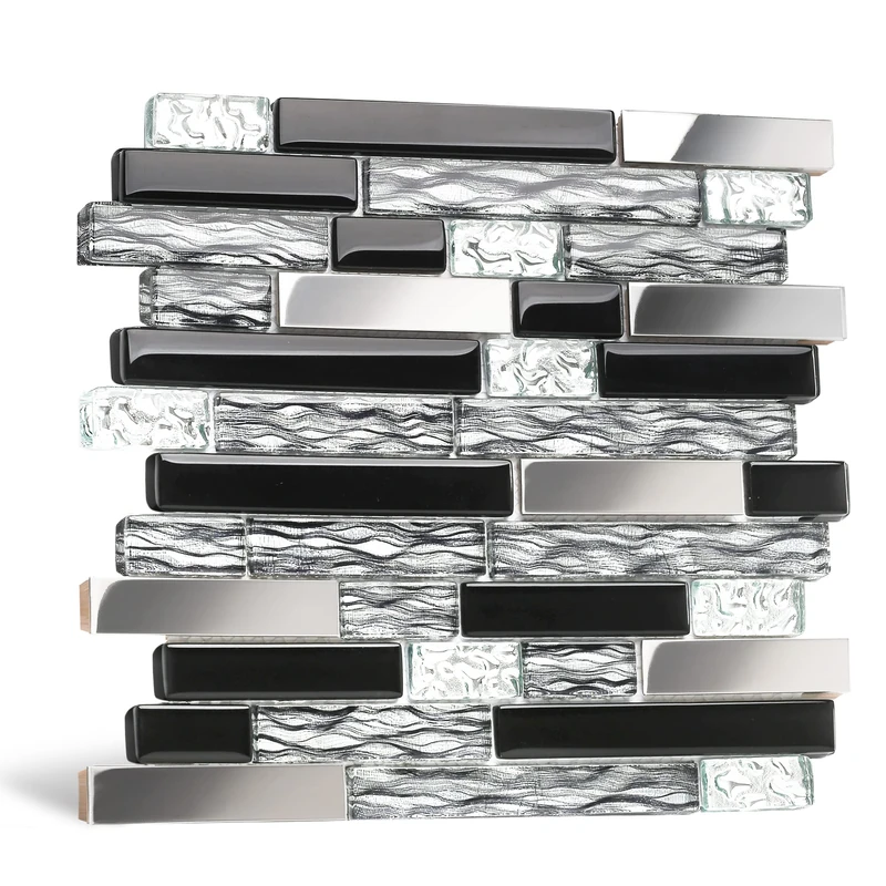 Blujellyfish Glass Metal Tiles Art Mosaic Silk Black Crystal Glass Chrome Silver Steel Accent Wall Border Kitchen Bath Backsplash Tile TSTNB12 (5 Square Feet)