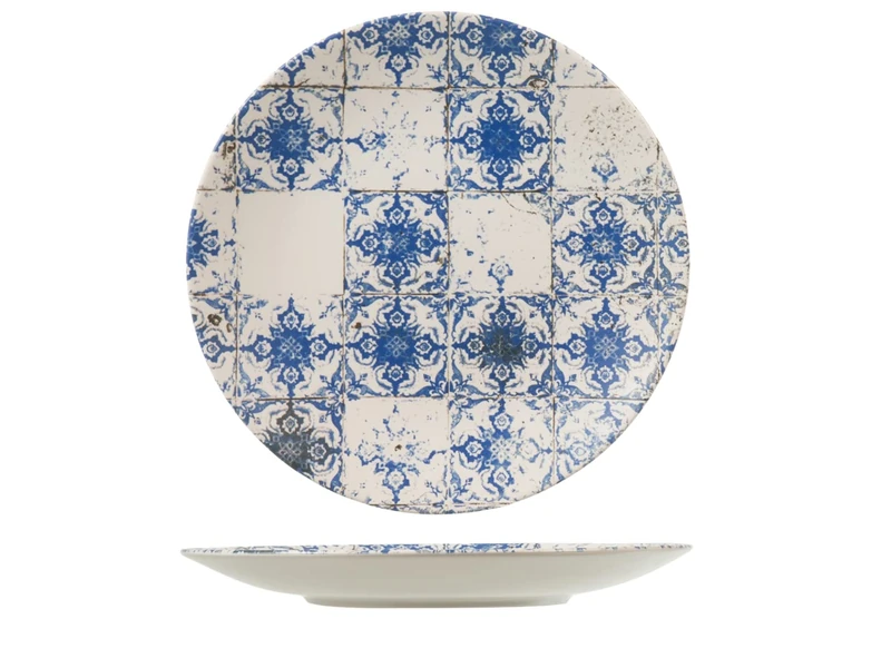 H&H Lotus Set of 12 Dinner Plates, Stoneware Vintage Tiles Design, 26 cm, White/Blue, 28.5 x 28.5 x 3.5 cm