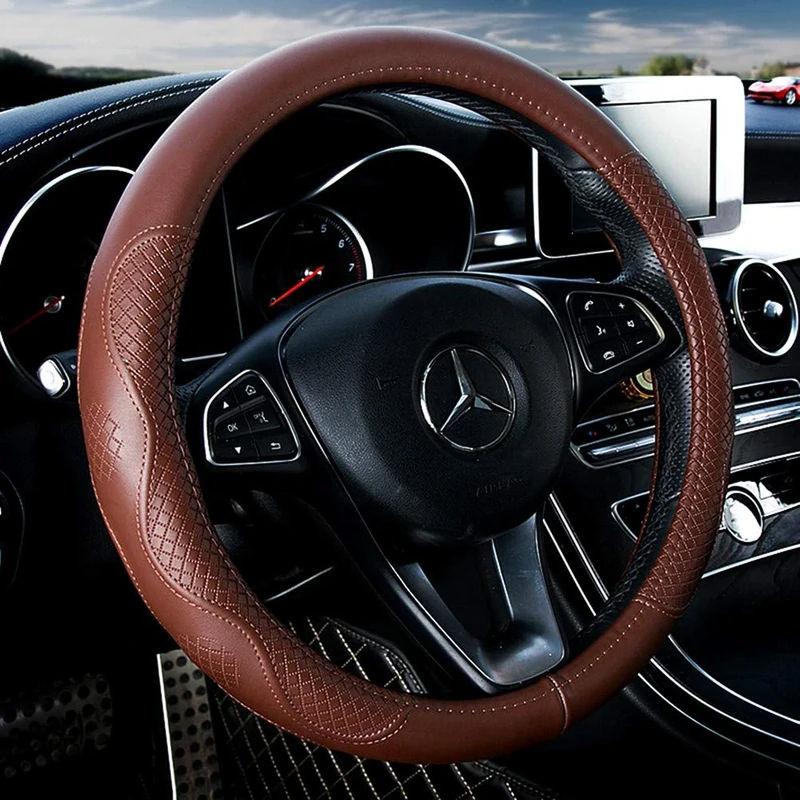 Brown Wheel Cover Cowhide Steering Wheel Cover Genuine Leather Wheel Cover Universal 15inch Fit Car/Auto/Suv (A-Brown)