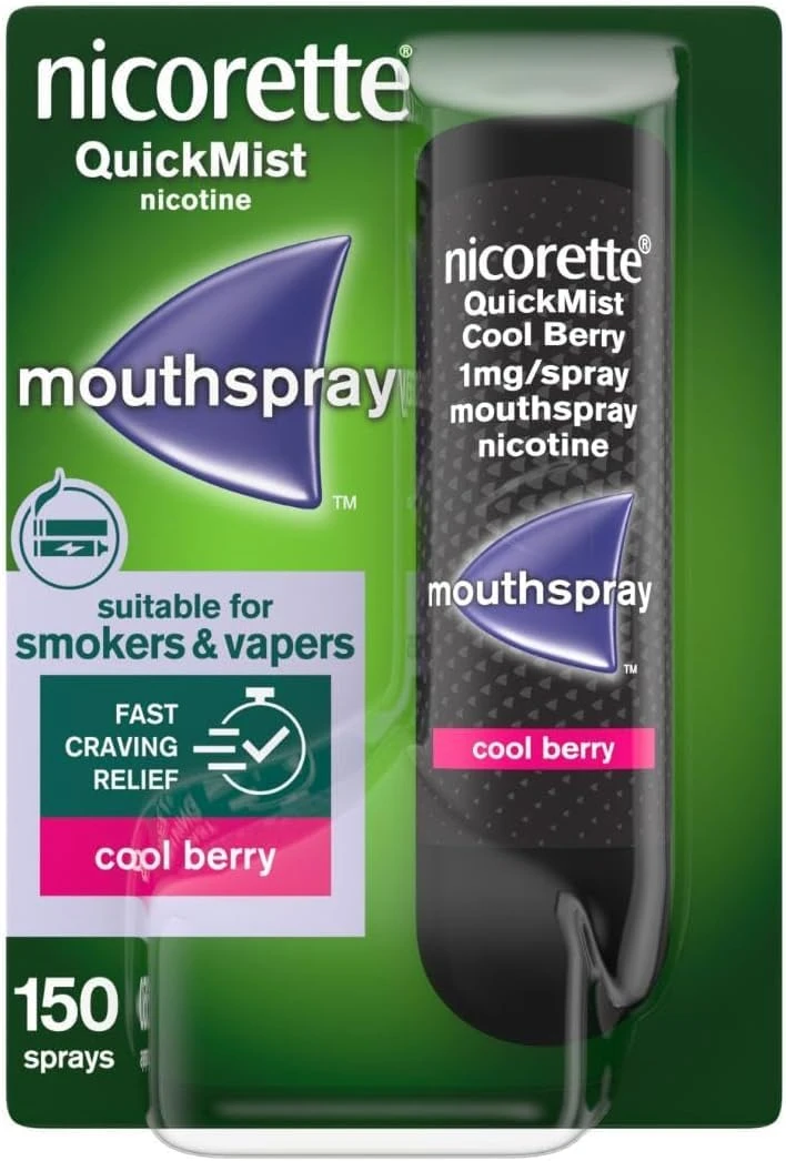 Nicorette QuickMist Cool Berry Mouthspray Smoking or Vaping Cessation Aid, designed to start reducing cravings in 30 seconds (Quit Smoking or Quit Vaping Aid)