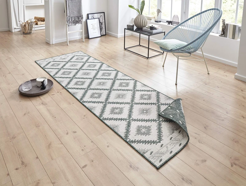 NORTHRUGS Malibu Indoor and Outdoor Rug 80 x 250 cm Reversible Rug Weatherproof Modern Geometric Pattern Runner for Balcony Patio Garden Conservatory Living Room Waterproof in Green Cream
