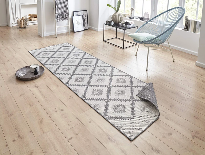 NORTHRUGS Malibu Indoor and Outdoor Rug 80 x 250 cm - Reversible Rug Weatherproof Modern Geometric Pattern Runner for Balcony Patio Garden Conservatory Living Room Rug Waterproof in Grey Cream