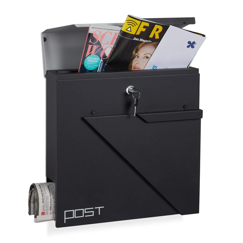 Relaxdays Letterbox with Newspaper Slot, Lockable DIN A4 Designer Mailbox, HxWxD: 37 x 37 x 13 cm, Black-Silver