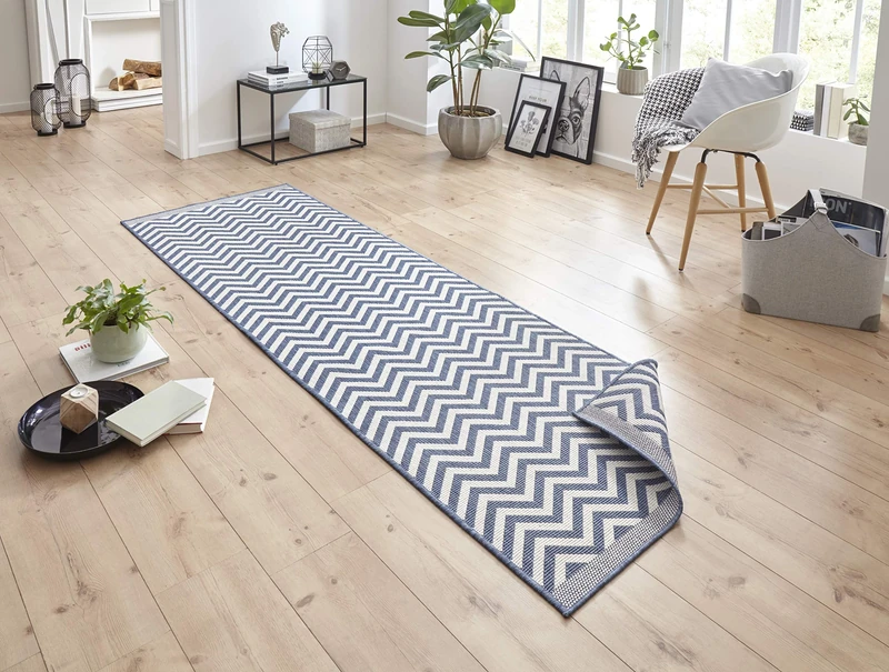 Bougari Palma Outdoor Rug Flat Weave Reversible Rug (80 x 350 cm, 100% Polypropylene, Durable and Easy to Clean, UV and Moisture Resistant, Suitable for Underfloor Heating), Blue Cream