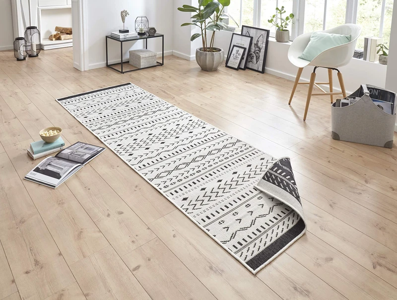 Bougari Outdoor Rug Flat Weave Reversible Cuba Rug (80 x 250 cm, 100% Polypropylene, Durable and Easy to Clean, UV and Moisture Resistant, Suitable for Underfloor Heating Black/Cream