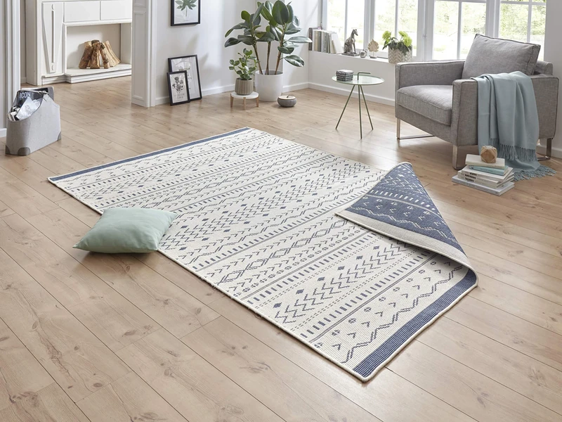 bougari Outdoor Rug Flat Weave Reversible Rug Cuba (160 x 230 cm, 100% Polypropylene, Durable and Easy to Clean, UV and Moisture Resistant, Suitable for Underfloor Heating), Blue Cream