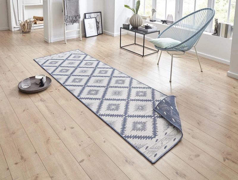 Hanse Home NORTHRUGS Malibu Indoor and Outdoor Rug 80 x 350 cm Reversible Rug Weatherproof Modern Geometric Pattern Runner for Balcony Patio Garden Conservatory Living Room Waterproof in Blue Cream